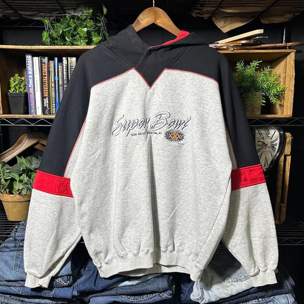 Vintage 90s NFL Super Bowl 1995 Hoodie Gray Black Football Sweatshirt Mens Large